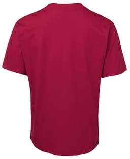 A red t-shirt with short sleeves, featuring a plain design and a logo on the back.