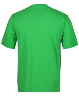 A green T-shirt featuring a plain back design and short sleeves, with a logo displayed.