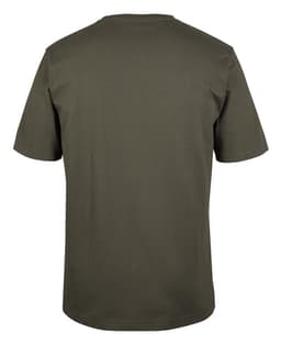 A plain olive green t-shirt with short sleeves and a round neck, featuring a logo.