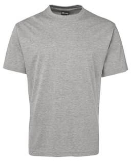 A grey T-shirt featuring a round neck and short sleeves, with a logo on the neckline.