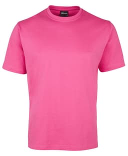 A pink t-shirt with a classic crew neck and short sleeves. It features a logo on the tag.