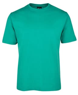 A green T-shirt with short sleeves and a classic crew neck, featuring a logo on the collar.
