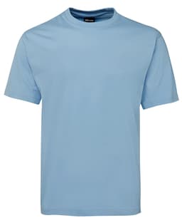 A light blue T-shirt with short sleeves and a crew neck, featuring a logo on the label.