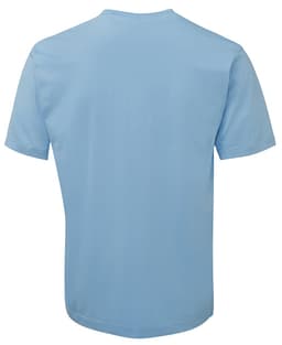 A light blue T-shirt with short sleeves and a plain back. The shirt features a logo.