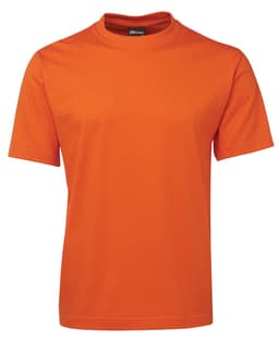 An orange t-shirt with a crew neck and short sleeves, featuring a logo on the label.