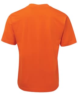 An orange T-shirt with short sleeves, featuring a plain back design and a logo on the label.
