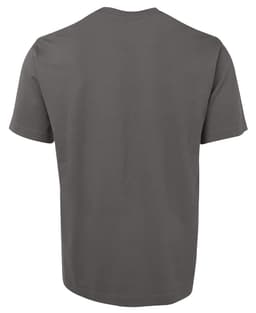 A grey unisex T-shirt with a plain back and short sleeves, featuring a logo on the back.