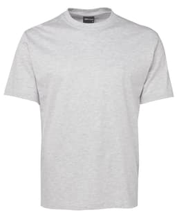 A light grey T-shirt with a round neckline and short sleeves. It features a logo on the collar.