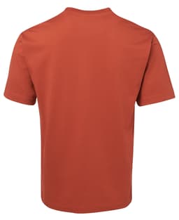 A short-sleeved T-shirt in a rust orange colour, featuring a plain back and a branding label.
