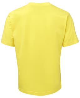 A yellow T-shirt with a plain back and short sleeves, featuring a logo.