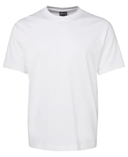 A plain white T-shirt featuring a crew neck and short sleeves, with a logo on the label.
