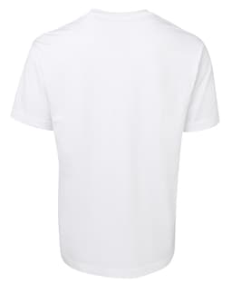 A white T-shirt with a plain back design, featuring a logo on the neckline.