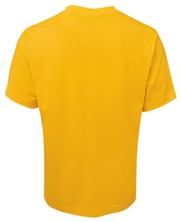 A yellow T-shirt with a plain back design and short sleeves. It features a logo on the back.