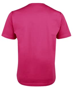 A pink T-shirt featuring a plain back design and a tag. It has short sleeves and a round neckline.