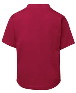 A short-sleeved, back view of a kids' T-shirt in a solid burgundy colour. The shirt features a logo.
