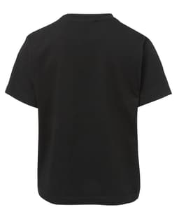 A black kids' t-shirt with short sleeves and a simple design. The back view reveals a clean, classic shape.