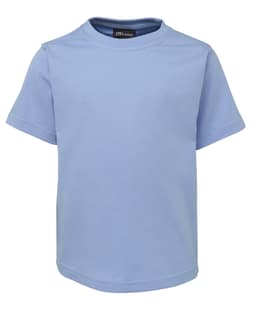 A light blue children's t-shirt with short sleeves, featuring a logo on the neckline.