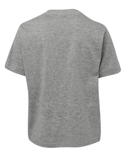 A grey kids' t-shirt with a loose fit and short sleeves, featuring a logo on the back.
