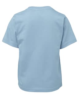 A light blue kids' t-shirt featuring short sleeves and a simple design, with a logo on the back.
