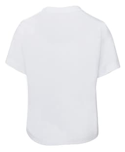 A plain white kids' t-shirt with short sleeves and a rounded hem. The shirt has a logo.
