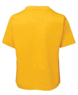 A yellow kids' t-shirt featuring short sleeves and a plain back. It has a logo on the back.