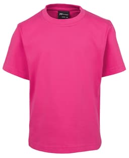 A bright pink kids' t-shirt with a round neckline and short sleeves, featuring a logo on the label.