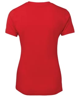 A red ladies t-shirt featuring short sleeves and a curved hem. The shirt has a logo on the back.