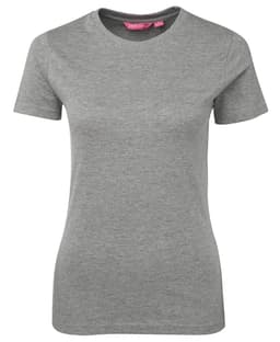 A grey women's t-shirt with a fitted design and short sleeves. It features a branding logo at the neck.