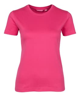 A pink women's t-shirt with short sleeves and a round neckline, featuring a logo on the label.