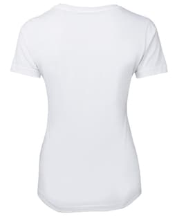 A white ladies' t-shirt featuring short sleeves and a simple design with a branding logo.