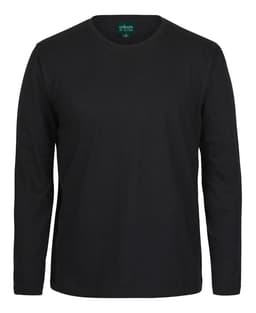 A black long-sleeve t-shirt featuring a round neckline and a brand logo on the tag.