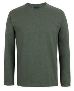 A long-sleeve t-shirt in a muted green colour, featuring a tag branding at the neck.