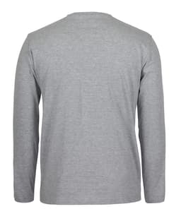 A grey long-sleeve t-shirt with a round neck and a plain back. Features a logo on the front.