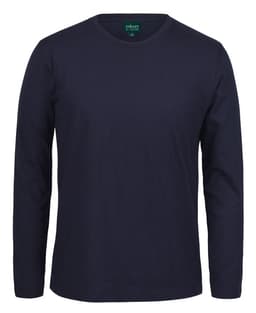 A navy long-sleeve t-shirt with a round neckline. The shirt features a logo at the neck.