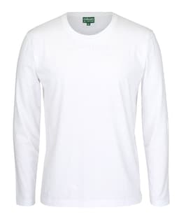 A white long-sleeve t-shirt displayed flat, featuring a simple design and a logo on the collar.