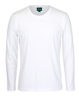 A white long-sleeved T-shirt with a crew neckline and a tag visible inside the collar.