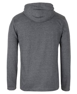 A grey long-sleeve hooded tee with a back view, featuring a simple design and a logo.