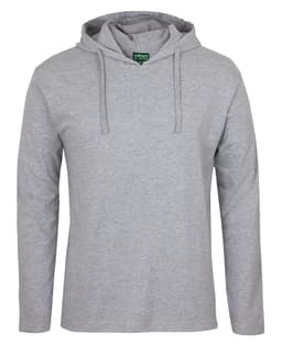 A grey long-sleeve hooded tee featuring a logo, designed as a casual jumper.