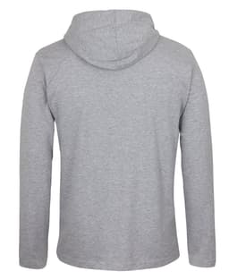 A grey long-sleeve hooded tee featuring a simple design and a hood at the back.