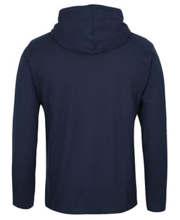 A navy blue long-sleeve hooded tee featuring a hood and long sleeves, with branding on the back.