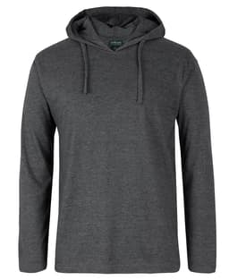 A long-sleeve, hooded tee in dark grey with a branding logo. Ideal for casual wear and layering.