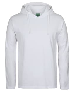 A white long-sleeve hooded tee featuring a front pocket and a hood. It has a logo on the label.