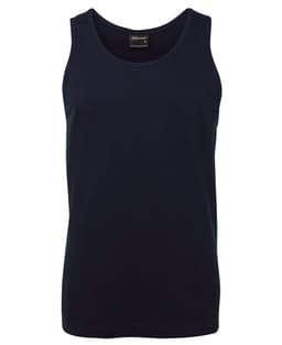 A navy blue singlet featuring a simple design and a label with branding.