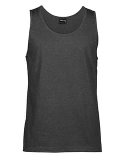 A dark grey singlet featuring a round neckline and no sleeves, with a branding label at the neck.