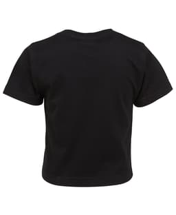A black infant t-shirt with short sleeves, featuring a plain design and a small logo on the back.