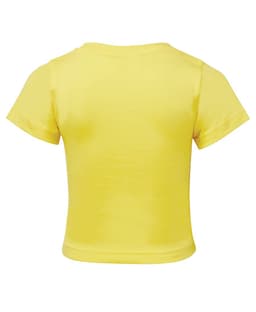 A yellow infant t-shirt featuring short sleeves and a round neckline, with a logo on the back.