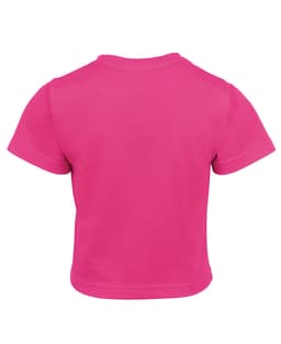 A bright pink infant t-shirt featuring short sleeves and a rounded neckline, with a logo on the back.