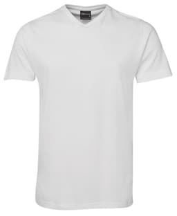 A white V-neck T-shirt featuring short sleeves and a minimalistic design, with a logo at the neck.