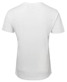 A white V-neck T-shirt with short sleeves, featuring a plain back design and a logo at the neck.