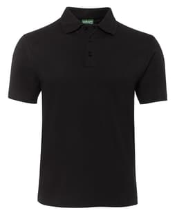 A black polo shirt with a collar, short sleeves, and a buttoned placket. It features a logo on the label.